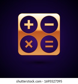 Gold Calculator icon isolated on black background. Accounting symbol. Business calculations mathematics education and finance.  Vector Illustration