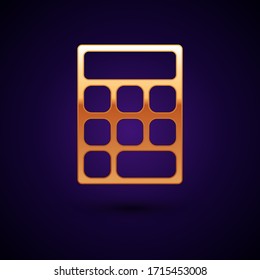 Gold Calculator icon isolated on black background. Accounting symbol. Business calculations mathematics education and finance.  Vector Illustration