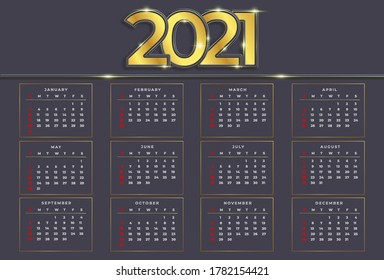 Gold calendar 2021. Gold vector design template. Sunday starts on Sunday. Business planning