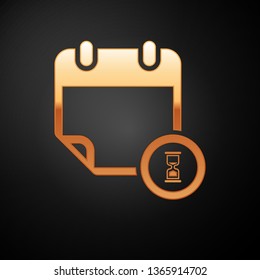 Gold Calendar and clock icon isolated on black background. Schedule, appointment, organizer, timesheet, time management, important date. Vector Illustration