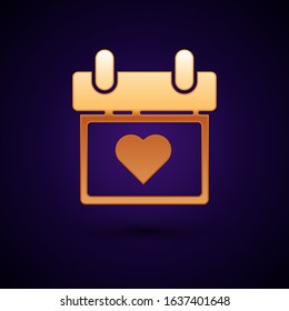 Gold Calendar with heart icon isolated on dark blue background. Valentines day. Love symbol. February 14.  Vector Illustration