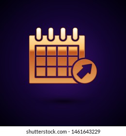 Gold Calendar icon isolated on dark blue background. Event reminder symbol.  Vector Illustration