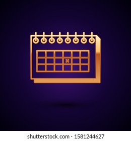 Gold Calendar icon isolated on dark blue background. Due date.  Vector Illustration