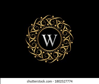 Gold Calligraphic Badge with Letter W Design. Ornamental luxury golden logo design vector illustration.