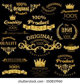 Gold calligraphic design elements, ribbon, logo and page decoration vector set. Gold sale, premium quality