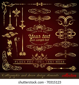 Gold calligraphic design elements. Vector design corners, bars, swirls, frames and borders. Hand written retro feather symbols.