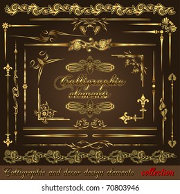 Gold calligraphic design elements vol2. Vector design corners, bars, swirls, frames and borders. Hand written retro feather symbols.