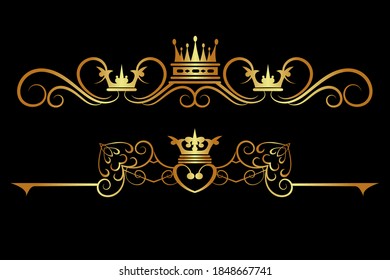 Gold calligraphic elements for your design isolated on black background, royal style, vintage, vector art