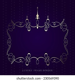Gold calligraphic luxury frame border on violet background. vector illustration