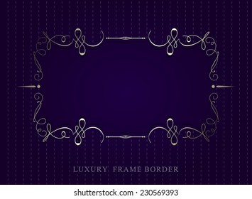 Gold calligraphic luxury frame border on violet background. vector illustration
