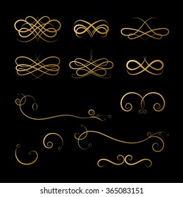 Gold Calligraphic swashes on black background. Flourish for your lettering design. Vector illustration 