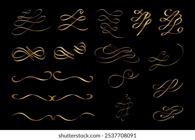 Gold Calligraphic Swirl Filigree Divider Separator Set in Victorian Cursive Style