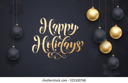 Gold Calligraphy Lettering Happy Winter Holidays. Golden Decoration Ornament With Christmas Ball On Vip Black Background With Snowflake Pattern. Premium Luxury Christmas Background For Greeting Card