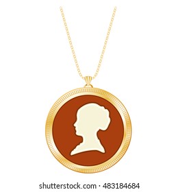 Gold Cameo Locket, Vintage Gentle Lady, antique silhouette, chain necklace, engraved round keepsake, isolated on white background. EPS8 compatible.