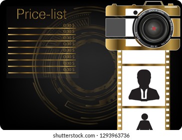 Gold camera on a black background and photographic film
