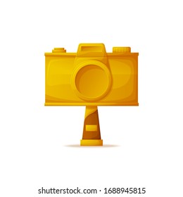 Gold camera prize vector, award for best photographers challenge. Professional photo nomination, objective and lens, reward for success in field of art