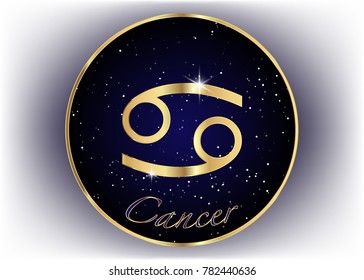 Gold Cancer zodiac constellations sign on beautiful starry sky with galaxy and space behind. Cancer horoscope symbol on deep cosmos background. Vector isolated