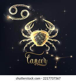 Gold Cancer zodiac sign poster with crab zodiac figure, symbol glyphs, constellation and zodiac name on black background. Glowing low polygonal style. Modern abstract design vector illustration