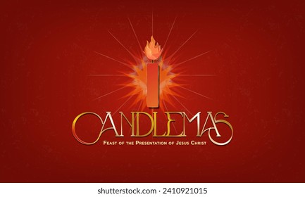 Gold Candlemas Greeting Banner with golden burning candle on simple red background. Golden Candlemas typography. Vector Illustration. EPS 10.
