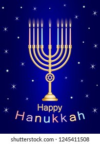 Gold candlestick (Hanukkiah) with nine burning candles on a blue background with colorful text "Happy Hanukkah"