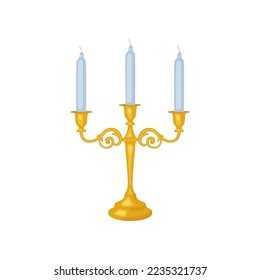 Gold candlestick with three candles frame vector illustration. Cartoon drawing of antique or old-fashioned golden decoration isolated on white background. Vintage, luxury concept
