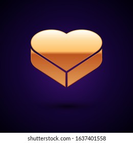 Gold Candy in heart shaped box and bow icon isolated on dark blue background. Valentines Day.  Vector Illustration