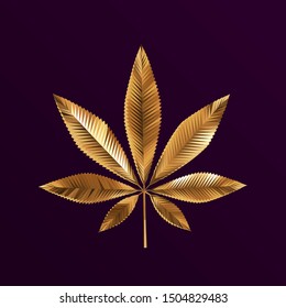 Gold Cannabis Leaf On Purple Background. Shiny Metallic Golden Low Poly Vector 3D Rendering