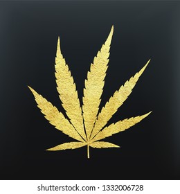 Gold cannabis leaf vector - metallic golden paint foil silhuette of marijuana indica leaf on black background, yellow shiny weed symbol