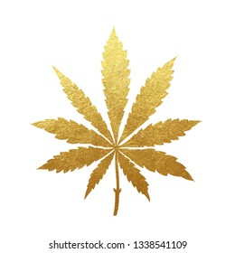Gold cannabis leaf vector - metallic golden paint foil silhuette of marijuana sativa leaf on white background, yellow shiny weed sign