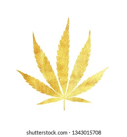 Gold Cannabis Leaf Vector - Metallic Golden Paint Foil Silhuette Of Marijuana Indica Leaf On White Background, Yellow Shiny Weed Sign