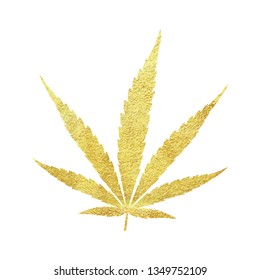 Gold cannabis leaf vector - metallic golden paint foil silhuette of marijuana indica leaf on white background, yellow shiny weed sign