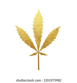 Gold cannabis leaf vector - metallic golden paint foil silhuette of marijuana ruderalis leaf on white background, yellow shiny weed sign