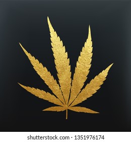Gold cannabis leaf vector - metallic golden paint foil silhuette of marijuana indica leaf on black background, yellow shiny weed sign
