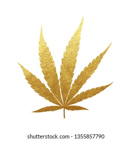 Gold cannabis leaf vector - metallic golden paint foil silhuette of marijuana indica leaf on white background, yellow shiny weed sign