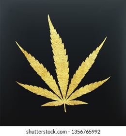 Gold cannabis leaf vector - metallic golden paint foil silhuette of marijuana indica leaf on black background, yellow shiny weed sign