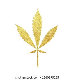 Gold cannabis leaf vector - metallic golden paint foil silhuette of marijuana ruderalis leaf on white background, yellow shiny medical weed sign