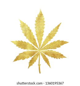 Gold Cannabis Leaf Vector - Metallic Golden Paint Foil Silhuette Of Marijuana Sativa Leaf On White Background, Yellow Shiny Medical Weed Sign