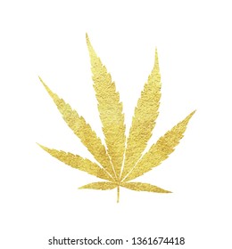 Gold cannabis leaf vector - metallic golden paint foil silhuette of marijuana indica leaf on white background, yellow shiny medical weed sign