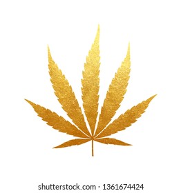 Gold Cannabis Leaf Vector - Metallic Golden Paint Foil Silhuette Of Marijuana Indica Leaf On White Background, Yellow Shiny Medical Weed Sign