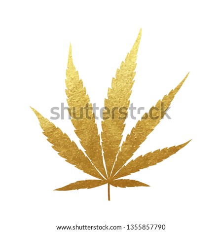 Gold cannabis leaf vector - metallic golden paint foil silhuette of marijuana indica leaf on white background, yellow shiny weed sign