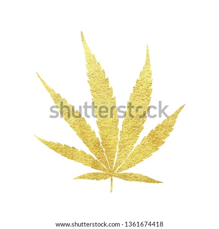 Gold cannabis leaf vector - metallic golden paint foil silhuette of marijuana indica leaf on white background, yellow shiny medical weed sign