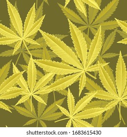 cannabis de oro. Patrón transparente de hojas de cannabis de oro. Dibujo estilizado en blanco y negro con grabado vintage. Ilustración del vector