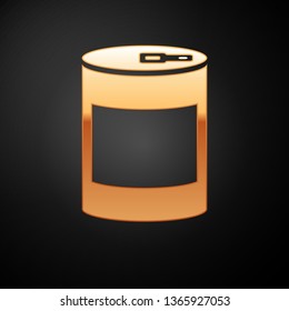 Gold Canned food icon isolated on black background. Food for animals. Pet food can. Vector Illustration