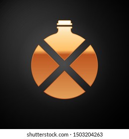 Gold Canteen water bottle icon isolated on black background. Tourist flask icon. Jar of water use in the campaign.  Vector Illustration