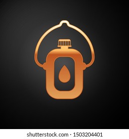 Gold Canteen water bottle icon isolated on black background. Tourist flask icon. Jar of water use in the campaign.  Vector Illustration