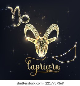 Gold Capricorn zodiac sign poster with goat zodiac figure, symbol glyphs, constellation and zodiac name on black background. Glowing low polygonal style. Modern abstract design vector illustration