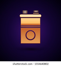 Gold Car battery icon isolated on dark blue background. Accumulator battery energy power and electricity accumulator battery.  Vector Illustration