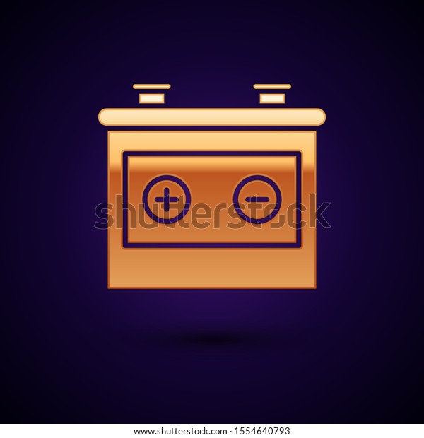 Gold Car battery icon isolated on dark blue\
background. Accumulator battery energy power and electricity\
accumulator battery.  Vector\
Illustration