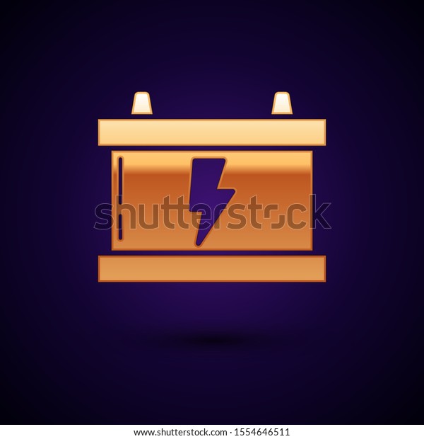 Gold Car battery icon isolated\
on dark blue background. Accumulator battery energy power and\
electricity accumulator battery. Lightning bolt.  Vector\
Illustration
