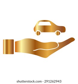 Gold car in hand - vector icon 